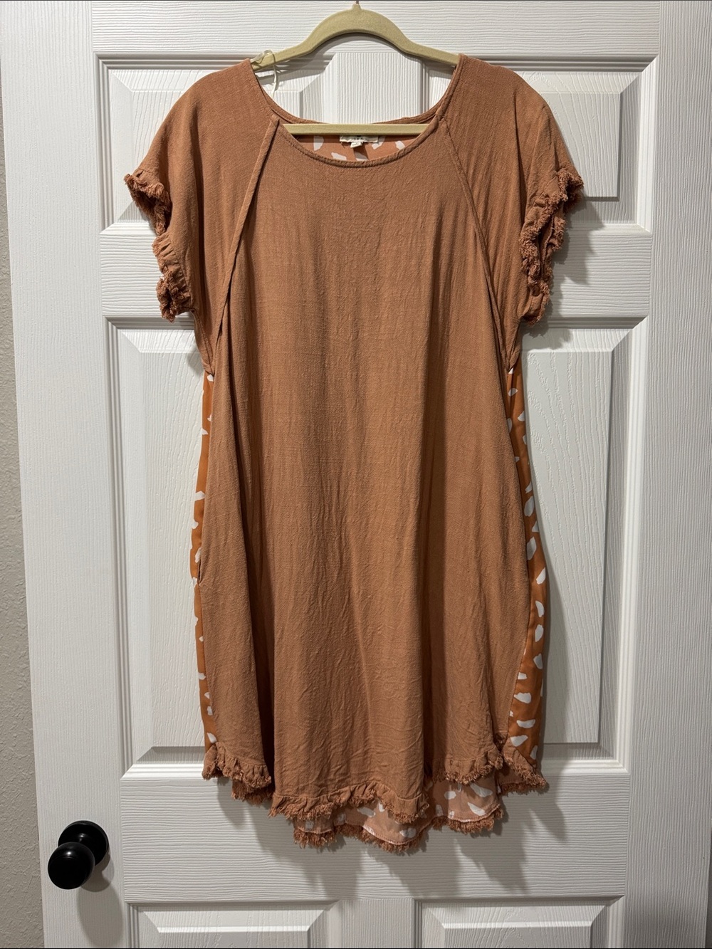 Umgee Rust Brown Short Sleeve Tunic with Patterned Side Panels